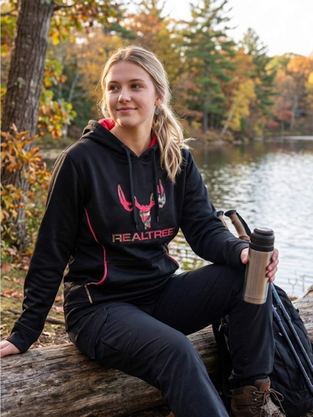 Realtree Black Crewneck Hoodie with Pink Camo Logo